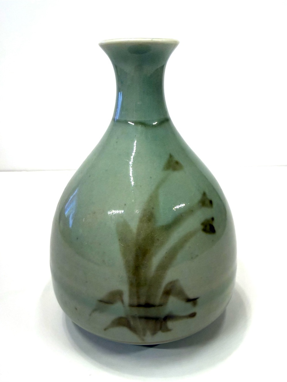 Vintage Signed Studio Pottery Vase Celadon Green Hand Painted 6.25”